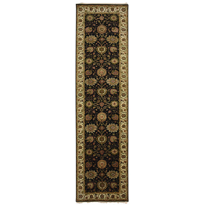 4'X15'9" Black Rajasthan Leaf Design Hand Knotted Wool & Silk Runner Rug