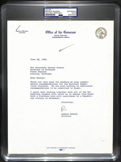 Ronald Reagan President Signed 1968 Typed Letter