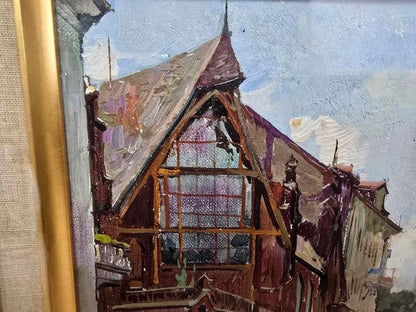 Oil Painting City Street Signed Russian Architecture Manuilov Lviv S.N.