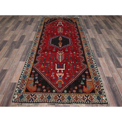 3'5"X8'2" Red Vintage Zoroastrian Sheeraz Hand Knotted Pure Wool Runner Rug
