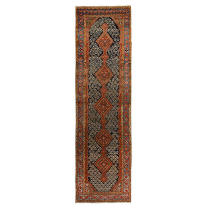3'5"X12'6" Blue Antique Zoroastrian Malayer Wool Hand Knotted Runner Rug