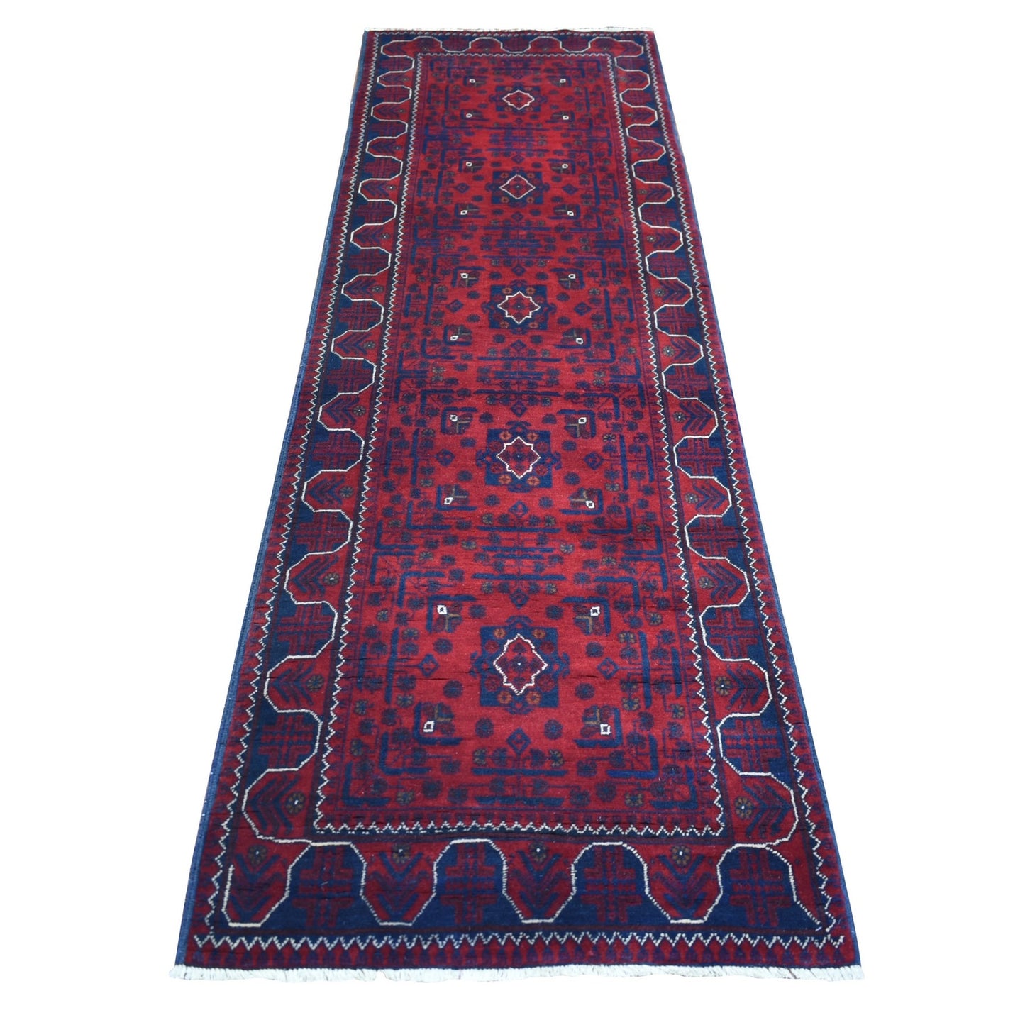 Rug 2'8"x9' Red Afghan Khamyab Wool Geometric Design Hand Knotted Runner