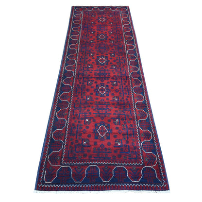 Rug 2'8"x9' Red Afghan Khamyab Wool Geometric Design Hand Knotted Runner