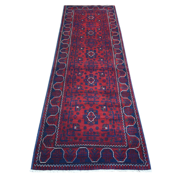 Rug 2'8"x9' Red Afghan Khamyab Wool Geometric Design Hand Knotted Runner