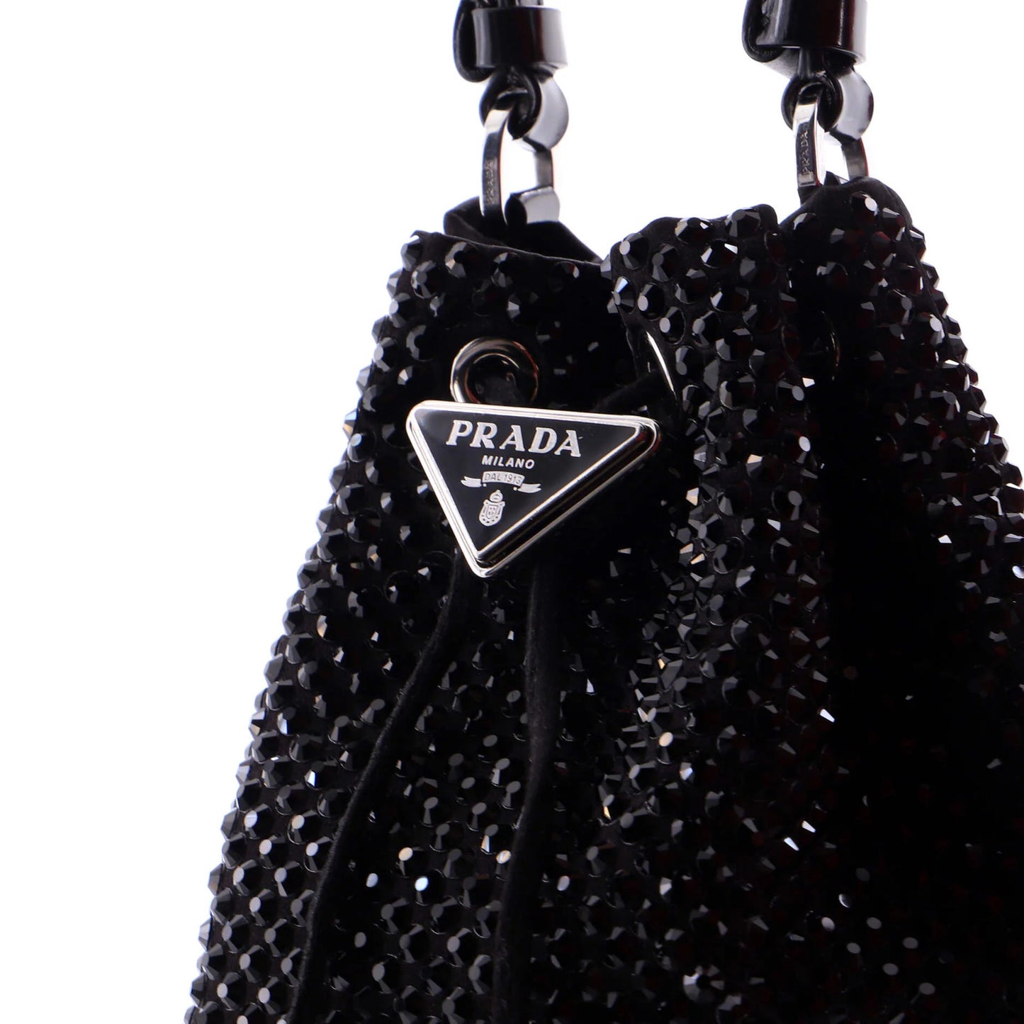 Prada Drawstring Bucket Bag Crystal Embellished Satin Small