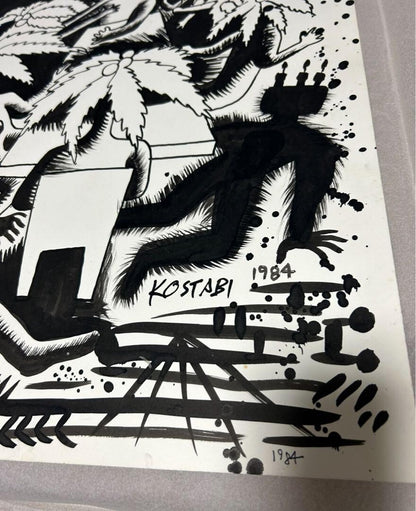 Mark Kostabi 1984 Original Painting Drawing Black Ink On Paper Signed Coa