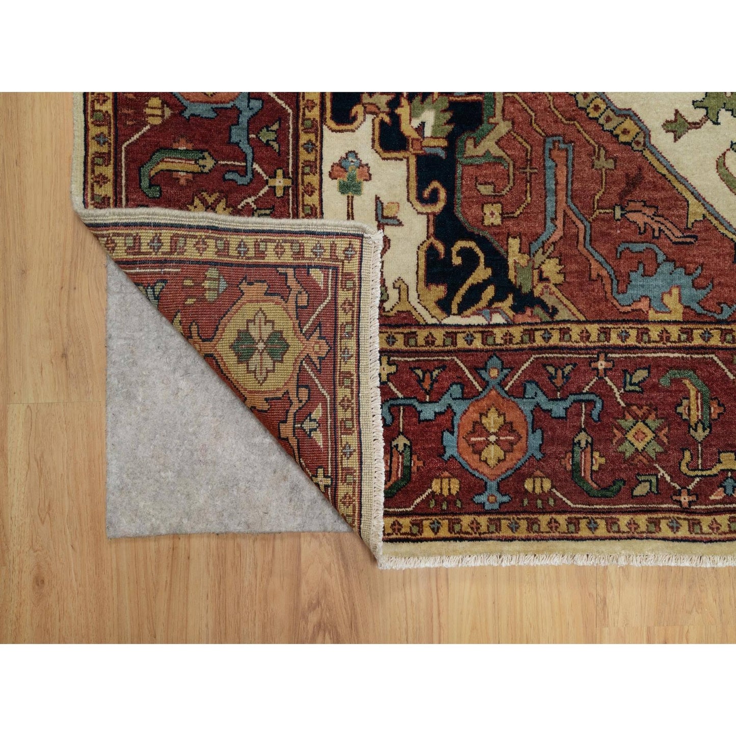 6'2"X9'1" Ivory Antiqued Heris Re-Creation Hand Knotted Soft Wool Rug
