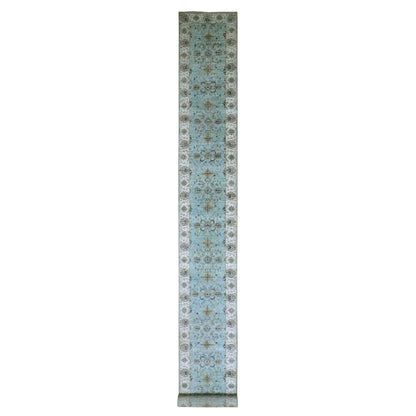 2'7"X22' Sky Blue Hand Knotted Agra Flower Design Pure Wool Xl Runner Rug