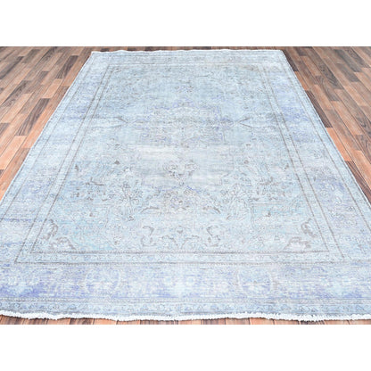 6'9"X9'10" Blue Gray Hand Knotted Vintage Zoroastrian Tebraz Wool Rug