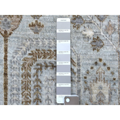 8'3"X8'3" Gray Peshawar With Folk Art Cypress Tree Design Shiny Wool Rug