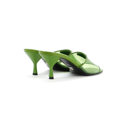 Prada Women'S Triangle Logo Kitten Heeled Sandals Pvc With Patent