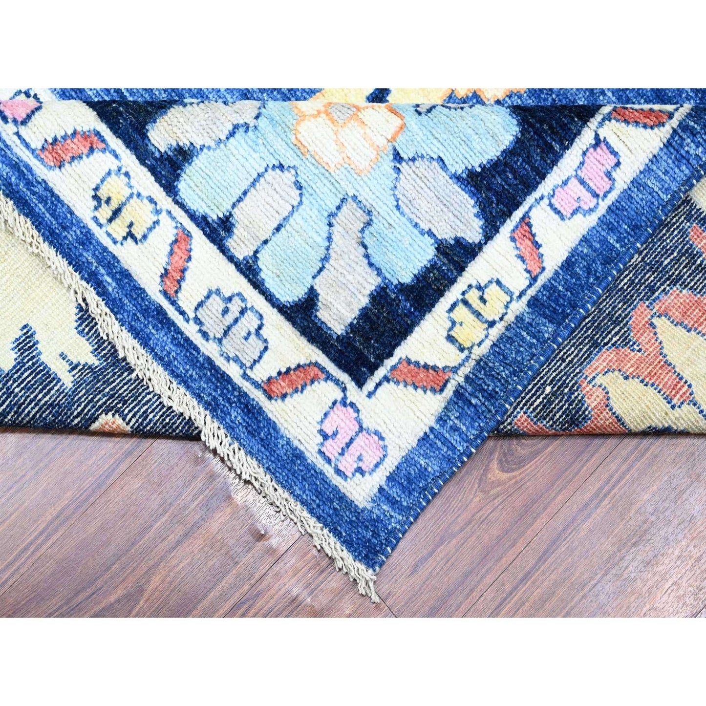 10'X13'9" Blue Hand Knotted Afghan Angora Oushak Extra Soft Wool Rug