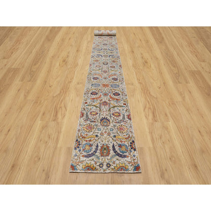 2'7"X22'1" Beige Hand Knotted Silk And Wool Sickle Leaf Xl Runner Rug