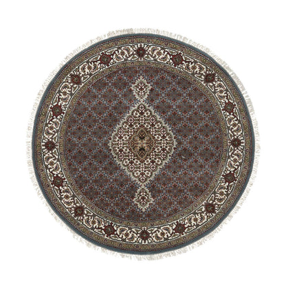 5'X5' Gray Wool And Silk Hand Knotted Tebraz Mahi Round Oriental Rug