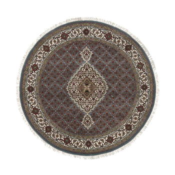 5'X5' Gray Wool And Silk Hand Knotted Tebraz Mahi Round Oriental Rug
