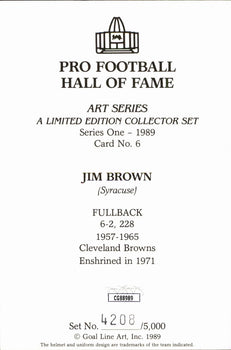 Jim Brown Browns Hof Autographed Goal Line Art Glac Postcard Jsa