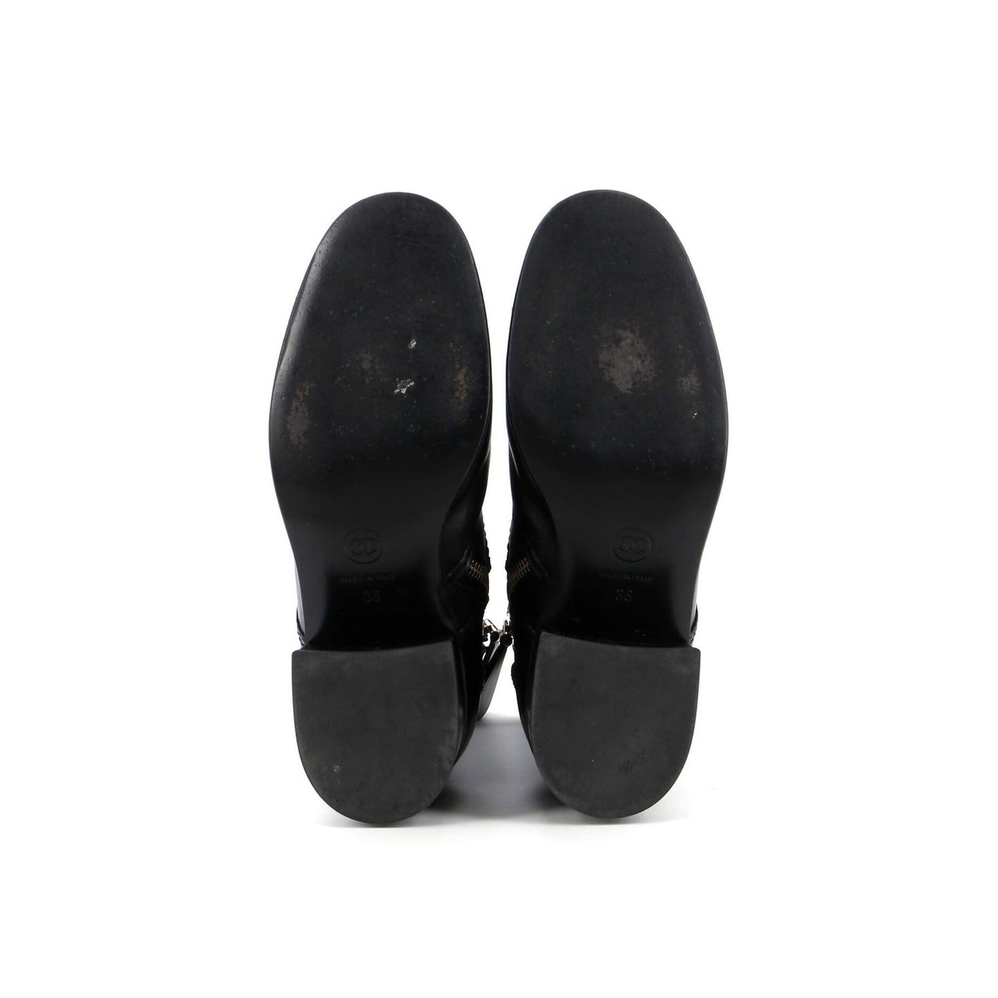 Chanel Women'S Logo Button Snap Cap Toe Boots Leather With Patent