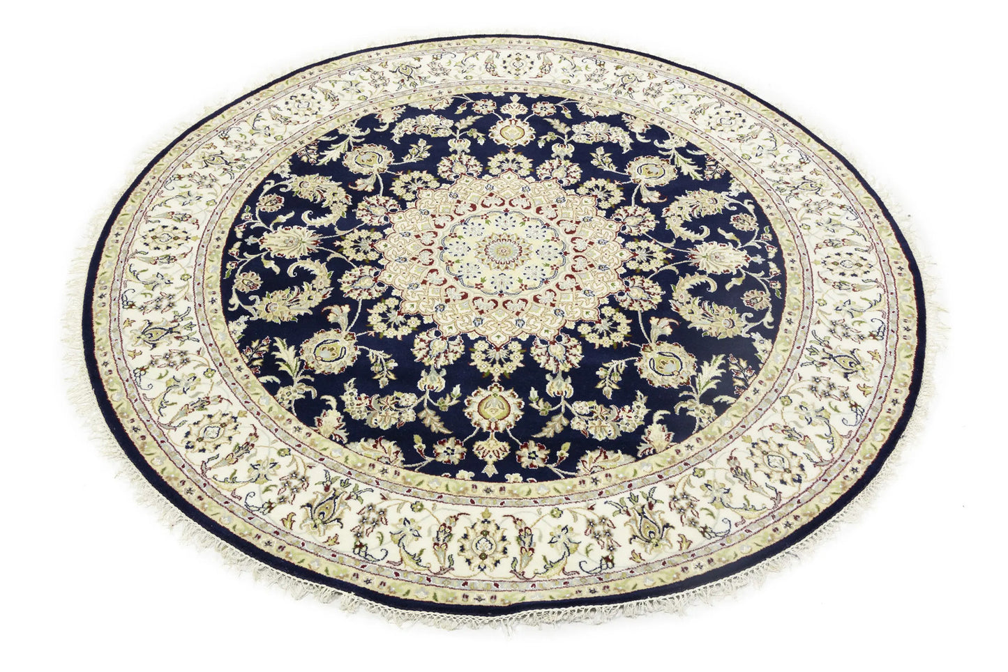7X7 ft Round Indo-Nain Oriental Rug Handmade Dark Navy Floral Classic Carpet