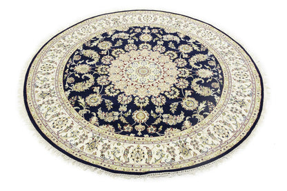 7X7 ft Round Indo-Nain Oriental Rug Handmade Dark Navy Floral Classic Carpet