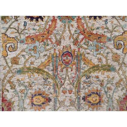 2'5"X6' Ivory Runner Rug Silk With Textured Wool Leaf Design Hand Knotted