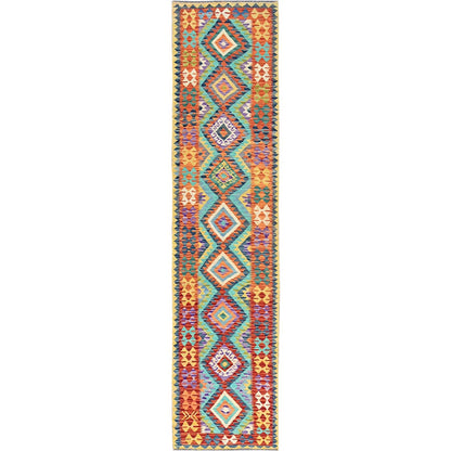 2'9"X12'9" Aqua Blue Flat Weave Afghan Kilim Hand Woven Wool Runner Rug
