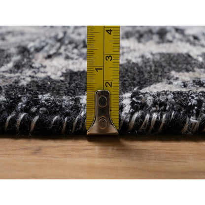 6'X8'10" Obsidian Black Wool And Silk Hand Knotted Sickle Leaf Design Rug