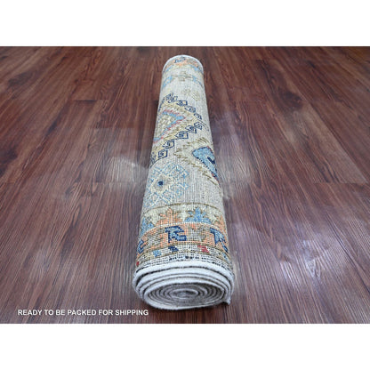 2'7"X9'8" White Aryana Caucasian Gul Motifs Wool Hand Knotted Runner Rug