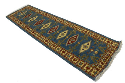 3X10 Ft Handmade Kazak Runner Rug Blue Geometric