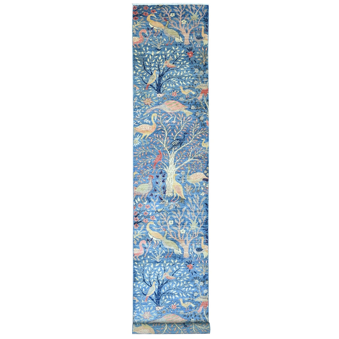 3'1"X19'4" Blue Afghan Peshawar Birds Design Hand Knotted Wool Runner Rug
