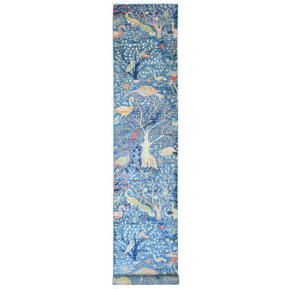 3'1"X19'4" Blue Afghan Peshawar Birds Design Hand Knotted Wool Runner Rug