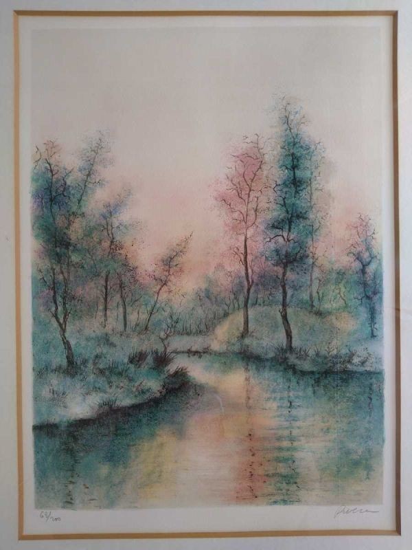 Antonio Rivera Signed Lithograph Forest By The Water 64/200 Spanish Landscape