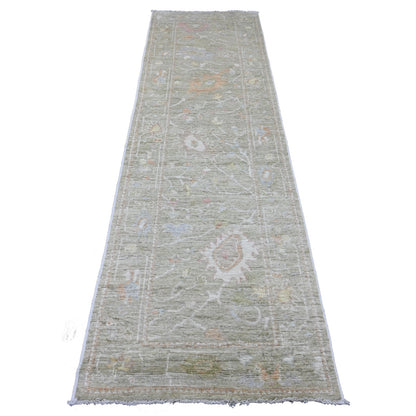 2'9"X10' Green Angora Oushak Leaf Design All Wool Hand Knotted Runner Rug