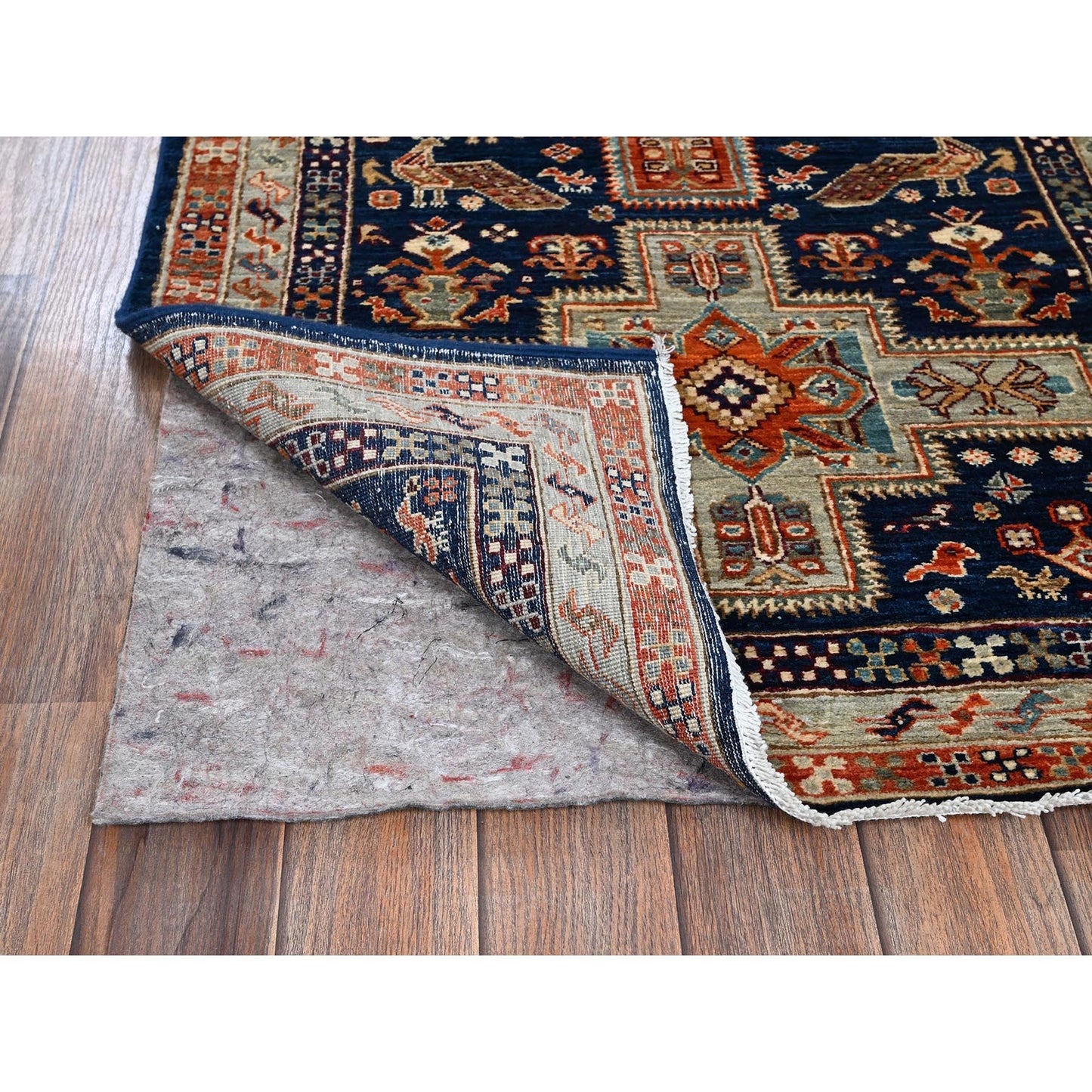 2'7"X8' Sailor Blue Caucasian Design Hand Knotted Soft Wool Runner Rug