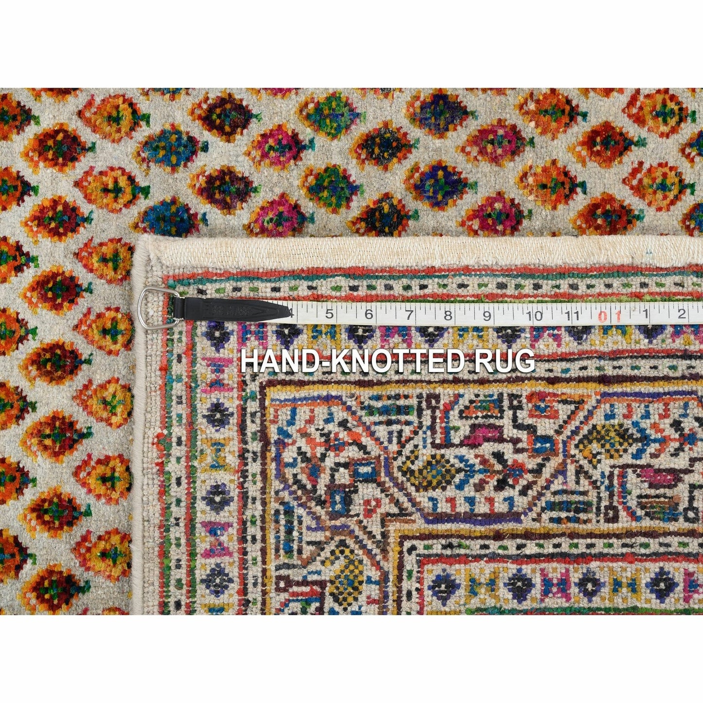 4'X10' Hand Knotted Beige Saroogh Wool And Sari Silk Wide Runner Rug