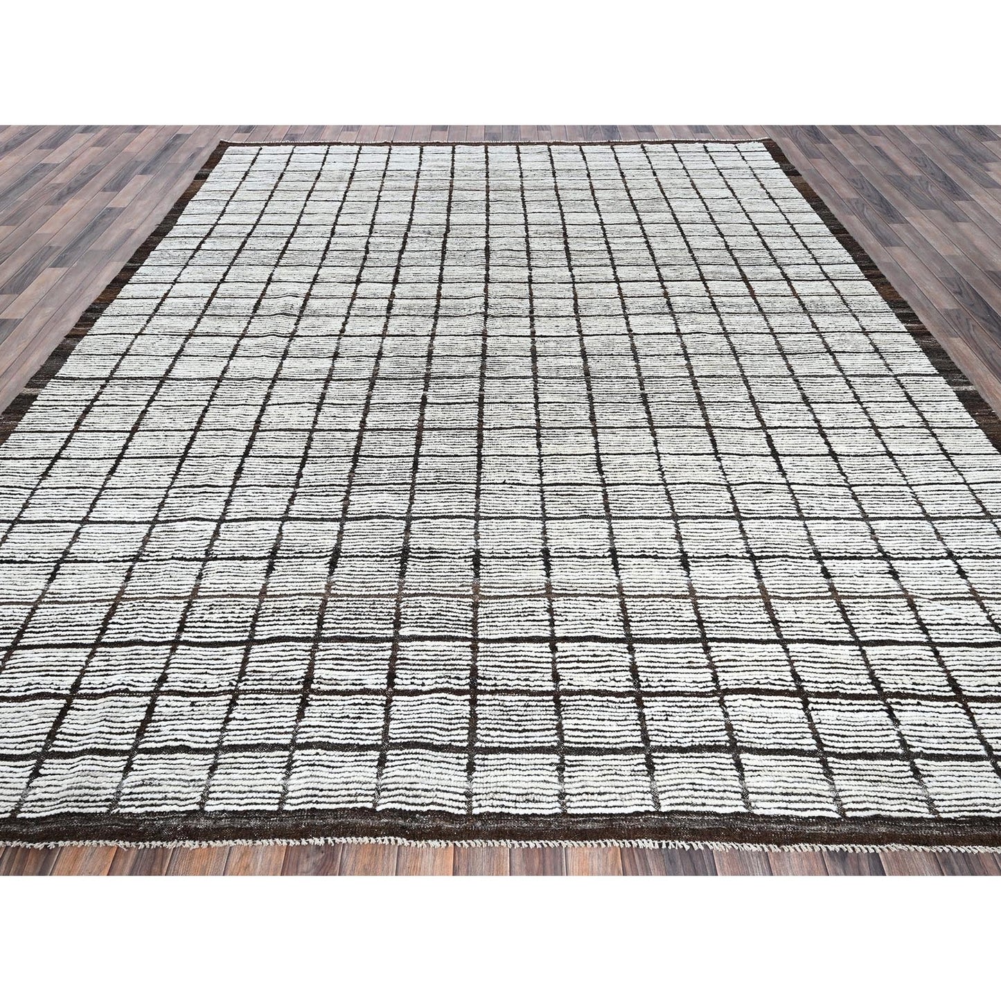 9'7"X11'8" White Moroccan Weave With Grid Design All Wool Hand Knotted Rug