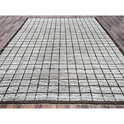 9'7"X11'8" White Moroccan Weave With Grid Design All Wool Hand Knotted Rug
