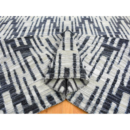 8'X10'1" Zig Zag Design Black And White Pure Silk And Textured Wool Rug