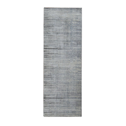3'X9' Ash Gray Horizontal Ombre Design Pure Silk Hand Knotted Runner Rug