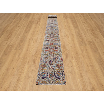 2'5"X26' White Silk With Wool Hand Knotted Sickle Leaf Design Runner Rug
