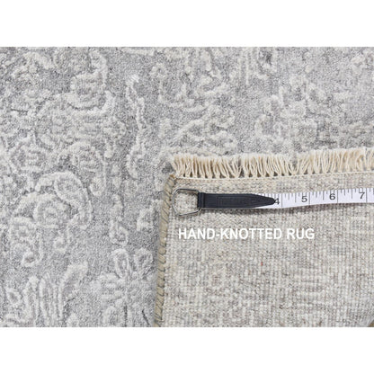 2'5"X7'9" Gray Hand Knotted Tone On Tone Design Wool And Silk Runner Rug