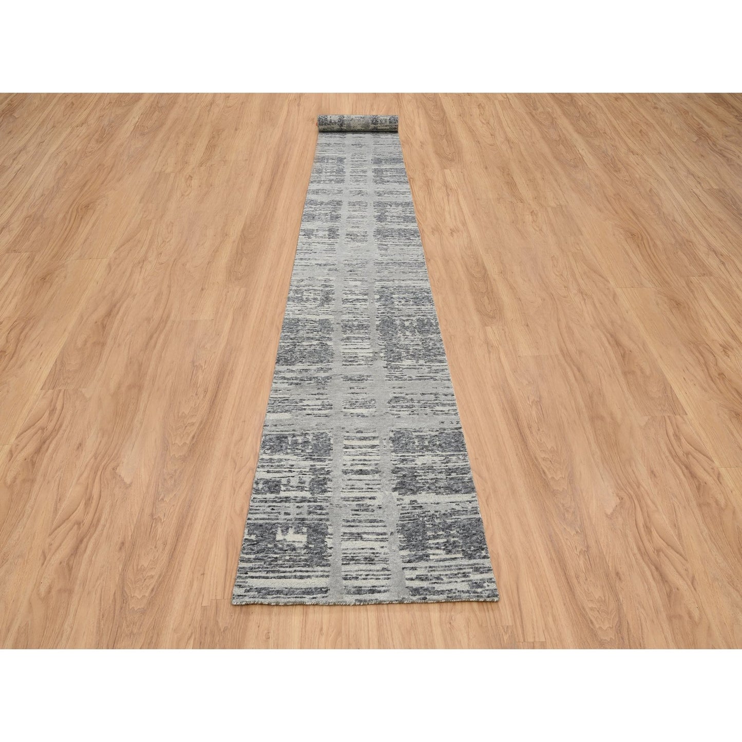 2'6"X20' Gray Modern Design Wool Hand Knotted Xl Runner Rug