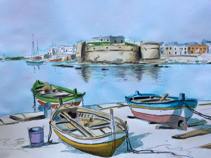 Aldo Riso "Gallipoli" 60X80 Unique Watercolor Authenticated