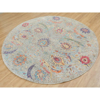 8'10"X8'10" Tan Round Sickle Leaf Design Silk With Wool Hand Knotted Rug