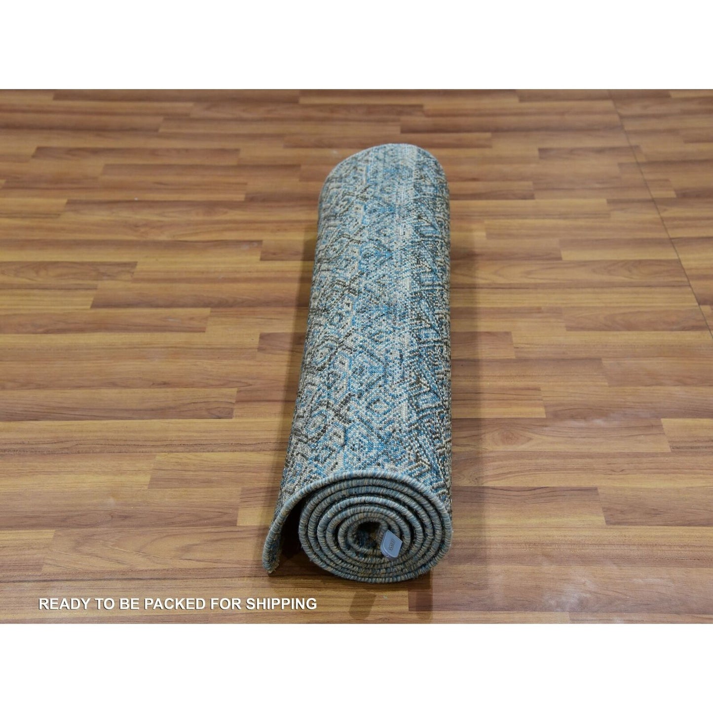 2'6"X8' Blue Diamond Shape Hand Knotted Kohinoor Herrita Wool Runner Rug