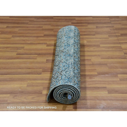 2'6"X8' Blue Diamond Shape Hand Knotted Kohinoor Herrita Wool Runner Rug