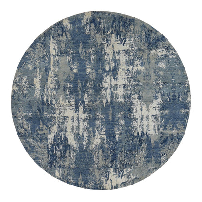 8'1"X8'1" Blue Abstract Design Wool And Pure Silk Hand Knotted Round Rug