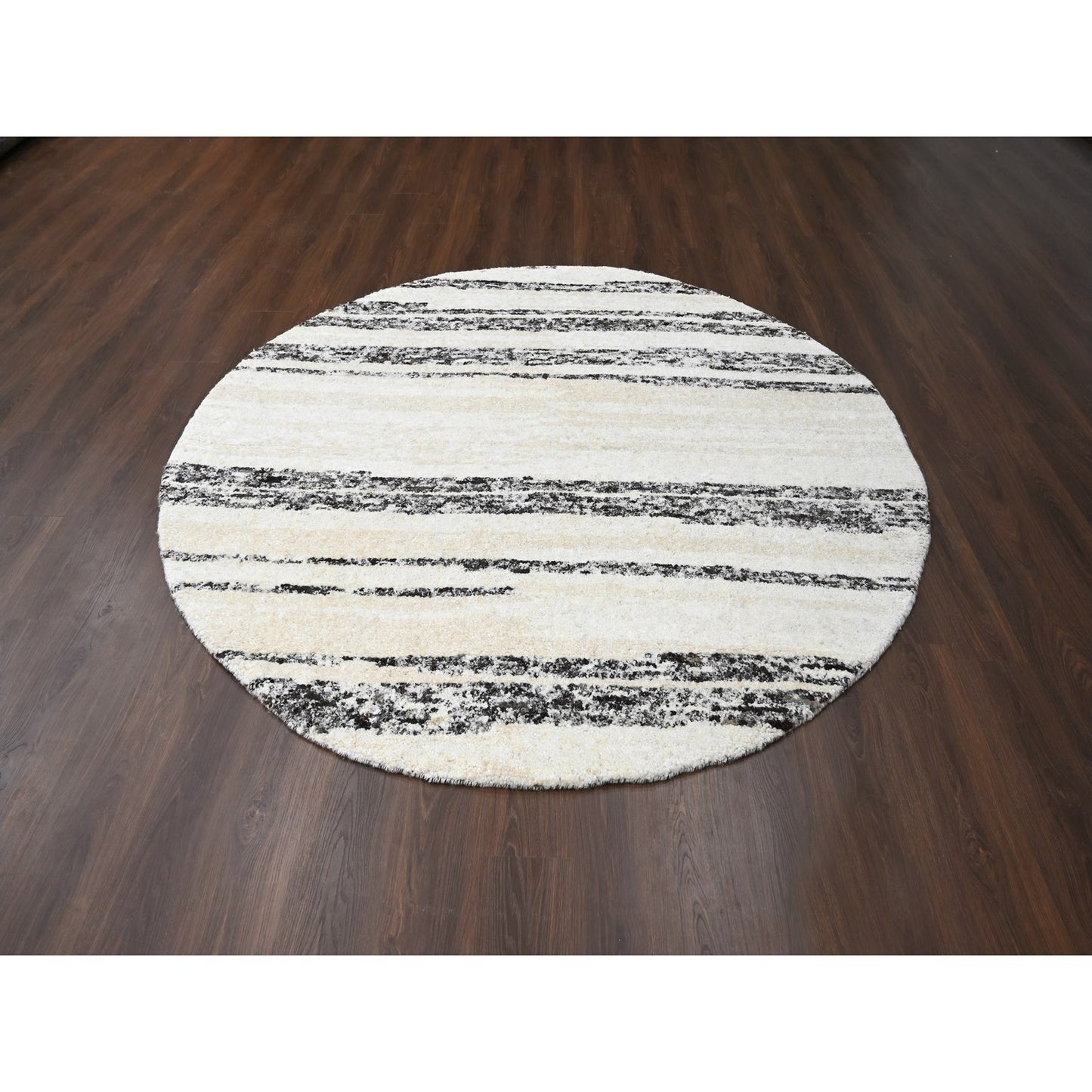 8'X8' Dark Brown And Ivory Striae Design Wool Hand Knotted Round Rug
