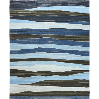 12'5"X15' Hand Woven Brown And Blue Mountain Design Flat Weave Kilim Rug