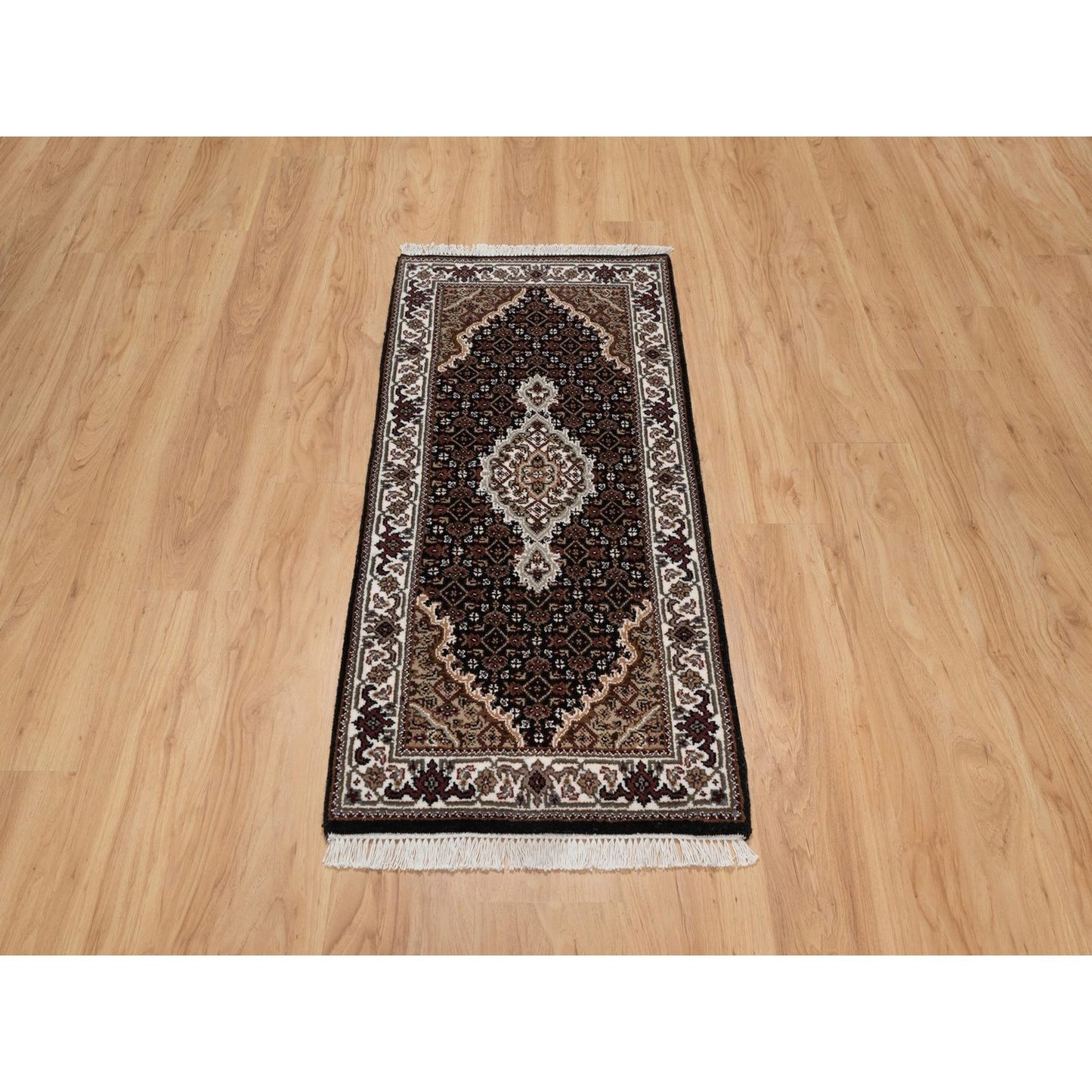 2'X4'2" Black Tebraz Mahi With Medallion Design Wool Hand Knotted Mat Rug