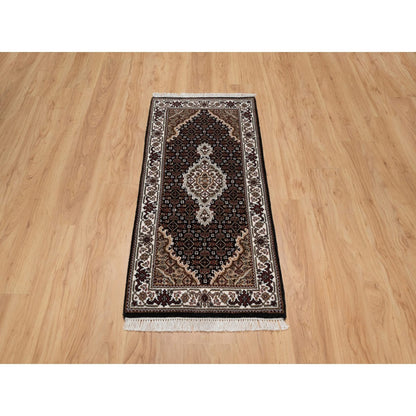 2'X4'2" Black Tebraz Mahi With Medallion Design Wool Hand Knotted Mat Rug